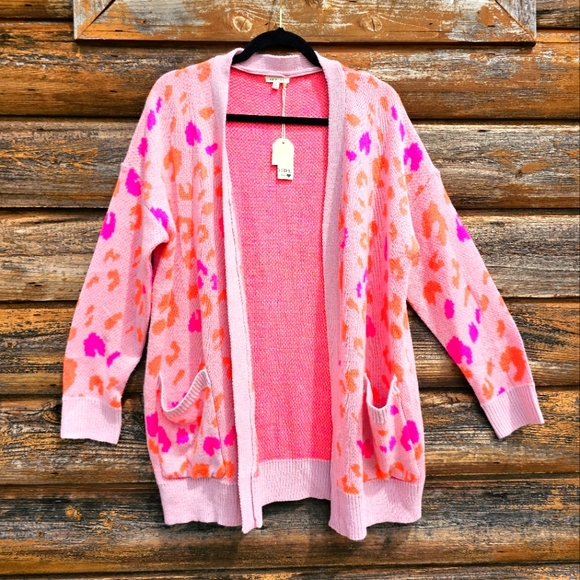 Jodifl Boutique Barbie Leopard Print Pink & Orange Sweater Cardigan W/ Pockets - Picture 3 of 10
